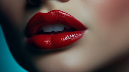 Fototapeta premium beautiful female mouth, which is slightly open and snow-white teeth are visible, and passionate lips with red lipstick close-up