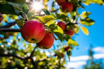 fresh apple pluck on the tree low angle shoot blue sky