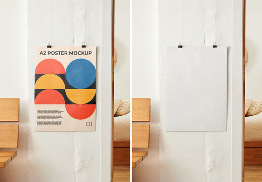  Poster Mockup Hanging on Clips at Home