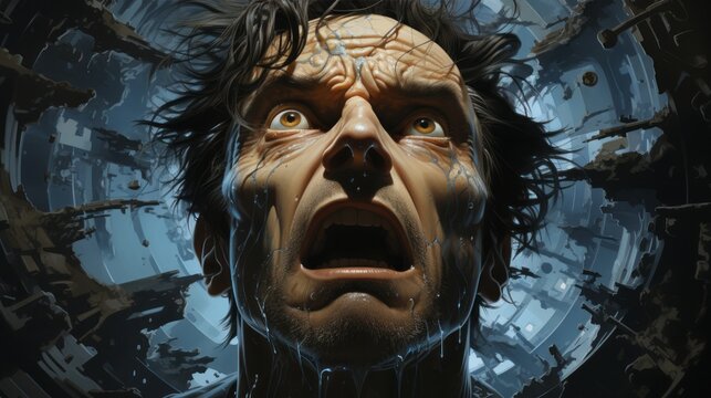 A hauntingly captured moment frozen in time, the man's wet locks and startled gaze mirror the chilling terror depicted in this macabre artwork