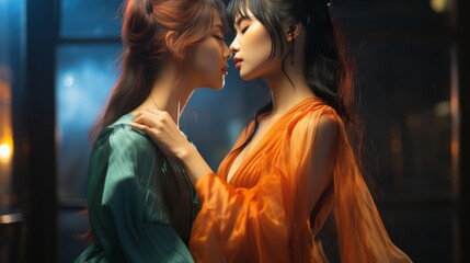 Two fashionable women, their hair flowing in the wind, embrace each other in a passionate kiss, their clothing a bold statement of their love