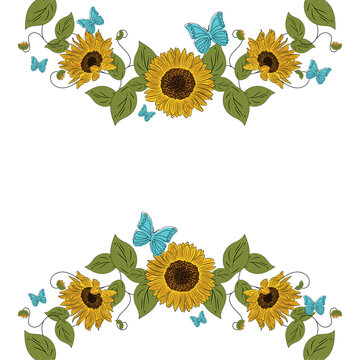 Colored sunflower frame Flower border Vector illustration