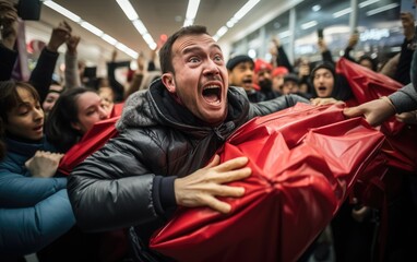Fototapeta premium A crowd of people jostle to grab discounted clothes in a shopping center. Black Friday Sale.