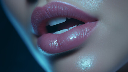 beautiful seductive female lips that are slightly parted with pleasure, beautiful white teeth, and cold lighting,