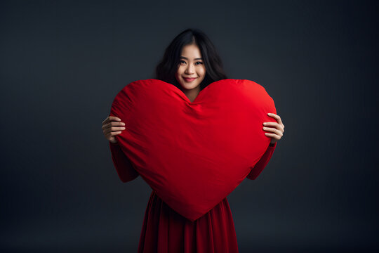 smiling Asian woman holding big red heart pillow on dark grey background. Not based on any actual person or scene