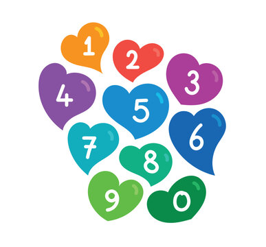handwritten numbers 0-9. colorful hearts and numbers