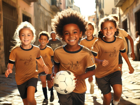 A Group Of Boys And Girls Run With A Ball To Play Football. Football Is Not Just For Boys. Generative AI