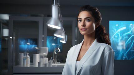 Fototapeta premium a beautiful young woman doctor or scientist in a white suit stands in a modern advanced laboratory 