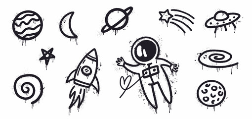 Vector collection of space objects and symbols, as well as an astronaut, hand-drawn in graffiti style. Graffiti Street art - obrazy, fototapety, plakaty