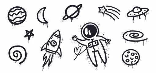 Wandaufkleber Vector collection of space objects and symbols, as well as an astronaut, hand-drawn in graffiti style. Graffiti Street art © Abundzu