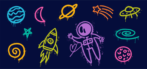 Vector collection of space objects and symbols, as well as an astronaut, hand-drawn in graffiti style. Graffiti Street art © Abundzu