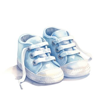 Watercolor newborn small shoes isolated white background.