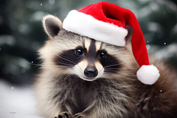 A cute festive raccoon wearing a Christmas santa hat. Holiday animal portrait - obrazy, fototapety, plakaty
