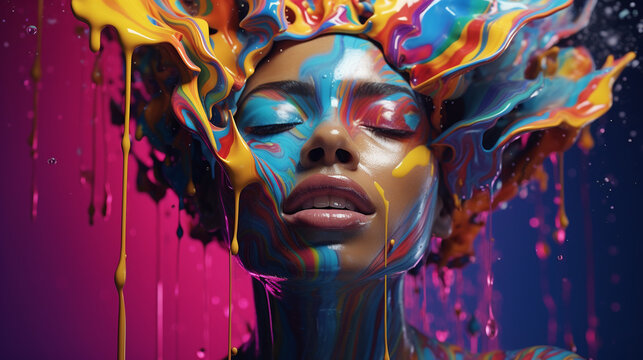 a woman's face with closed eyes and raised head from the pleasure of being doused with multi-colored paint, her face is smeared with paint