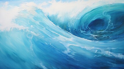 Illustration of an oil painting of the detail of an ocean wave in soft blue tones. Canvas, oil painting
