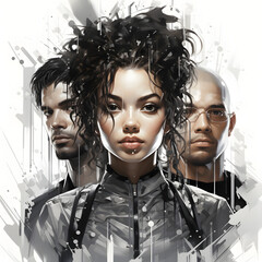 Portrait of three young modern people; A beautiful girl with great hairstyle in the middle, a dark-skinned boy on the left and a bald boy with glasses on the right; 4k(1:1)