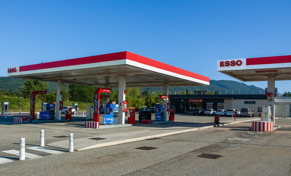La Baume, France - July 30, 2023: Service area Esso - Aire de Porte de la Drome and Esso gas station along the A49 in France