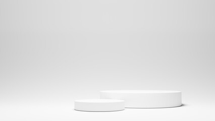 White empty podium or pedestal for product presentation on two floors. Round mockup platform on white background. 3d rendering