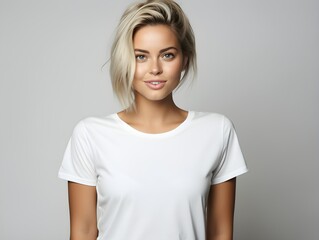 Obraz premium Elegant Young Blonde Woman in Plain White Tee: Ideal for Fashion Mockups