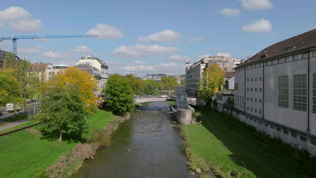 sunny day zurich city center canal aerial panorama 4k switzerland