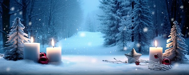 Winter Forest Landscape With Burning Candles Christmas Decoration.