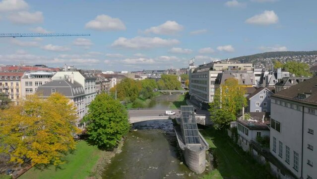 sunny day zurich city center canal traffic bridge aerial panorama 4k switzerland