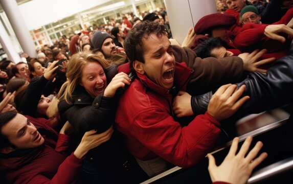 A crowd of people jostle to grab discounted clothes in a shopping center. Black Friday Sale.