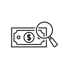cash money under a magnifying glass icon, dollar bank bill, check currency for authenticity, counterfeit money, thin line web symbol on white background - editable stroke vector illustration eps10
