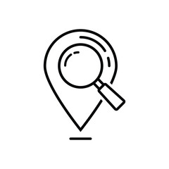 location search icon, map searching, magnifying glass with locator, thin line symbol on white background - editable stroke vector illustration