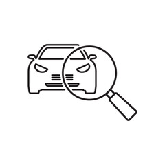 technical inspection car icon, magnifying glass with vehicle, auto search, thin line symbol on white background - editable stroke vector illustration
