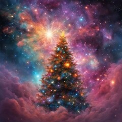 stunning cosmic christmas tree, radiant nebula, star clusters and gas clouds shining brightly, celestial, otherwordly, abstract, space art