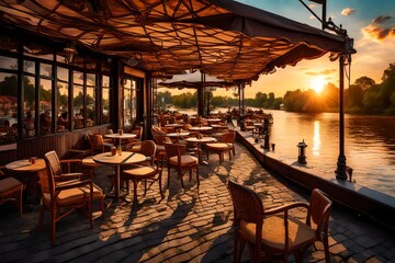 extreme view, of ouside cafe, on the river bank, sunset, a beautiful evening view