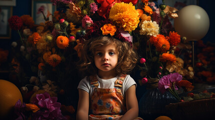 curly baby girl sitting on the background of a lot of colorful flowers without emotion