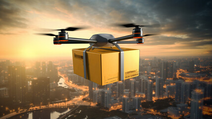 drone with box flying over city