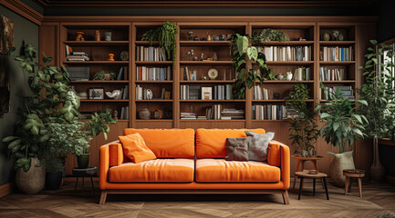 Stylish scandinavian living room with design furniture, plants, bookstand and wooden desk. Modern decor of bright room. Created with Generative AI