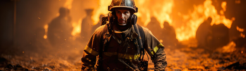 Naklejka premium Firefighter in overalls walking away from a fire. Illustration On The Theme Of Professions And Danger, Wars And Dangers. Generative AI