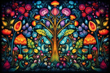 Fototapeta na wymiar Illustration of a vibrant and colourful tree painting with an abundance of leaves, boho style - created with Generative AI technology
