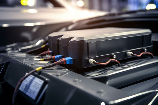 An image of an electric car battery pack and power connections on the background of an electric vehicle. Generative AI