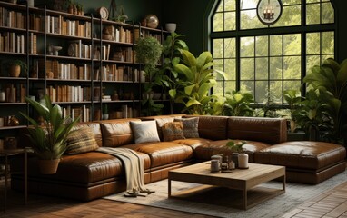 Fototapeta na wymiar Stylish Green Walls and Leather Furniture