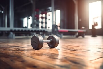 Pair of dumbbells on a wooden floor in a gym. Great for fitness, workout, and exercise concepts.