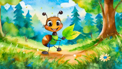Cute Baby Ant Illustration in Children's Book Style, Watercolor Effect