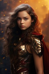 Pretty young girl with brown wavy hair. Chrome metallic Armour. red cape cloak. flaming fantasy background Superhero, antihero, superpowers, hero, villain, rogue, fantasy action pose fiction costume. 