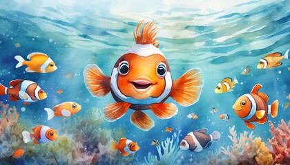 Fototapeta na wymiar Cute Baby Clown Fish Illustration in Children's Book Style, Watercolor Effect