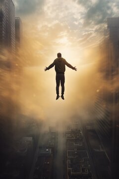 fantasy dream freedom free man. floating. falling. jumping. flying. silhouette above a vast city skyline. unique perspective POV. warm misty foggy sunset hues. bright light of Christ. alien invasion. 