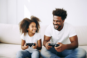 African American Father and daughter playing fun online games while spending time together at home