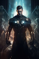 Tough strong man in a futuristic glowing steel suit, armor. black hair. clean shaved. si-fi background. Superhero, antihero, superpowers, hero, villain, rogue, fantasy action pose fiction costume. 