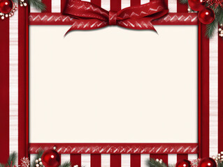Obraz premium Christmas Frame Border with Red and White Stripes, Bow Decoration and Blank Space for Text
