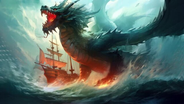 A fierce dragon battling a ship on the stormy seas