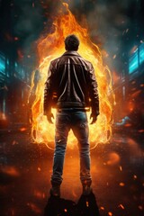 Standing in awe. Back rear full view. Fantasy magical glow. Fire. Orange, yellow, blue, teal. Brown jacket Superhero, antihero, superpowers, hero, villain, rogue, fantasy action pose fiction costume. 