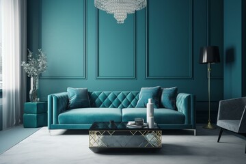 Aqua blue luxury living room with modern furniture and a stylish sofa. Generative AI
